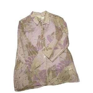 Alfred Dunner Purple Green Leaf Sheer 3/4 Slit Sleeve Tank Button Collar  10